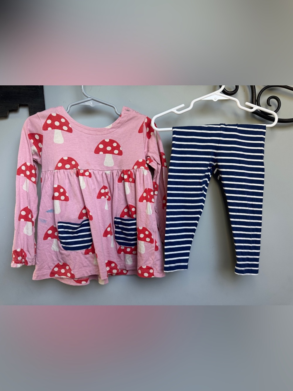Boden 18-24 Pink Mushroom Tunic & Navy Striped Leggings Set